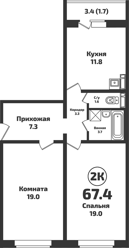 Планировка — Приозерный, 2-комн., 66 м²