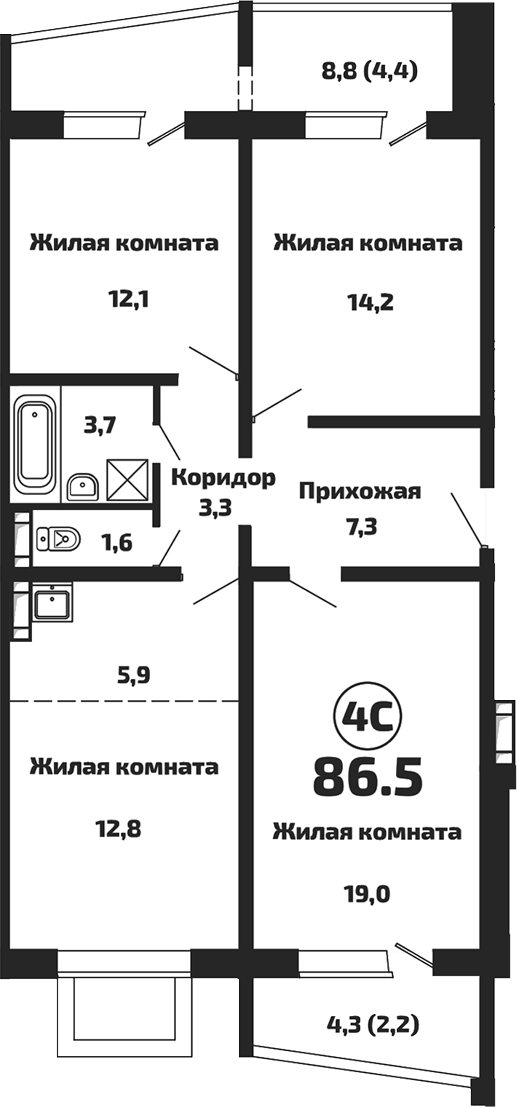 Планировка — Приозерный, 4-комн., 80 м²