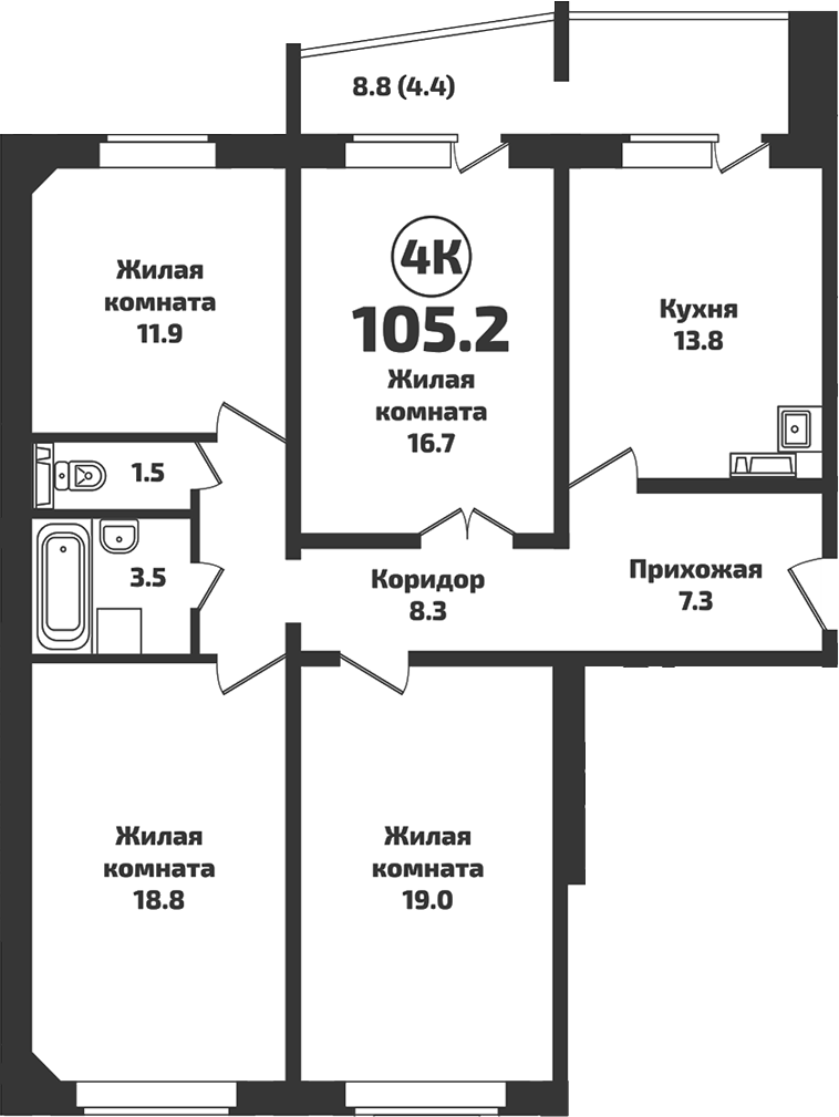 Планировка — Приозерный, 4-комн., 101 м²