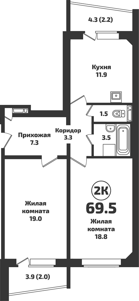 Планировка — Приозерный, 2-комн., 65 м²