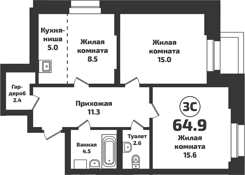 Планировка — INFINITY, 3-комн., 65 м²