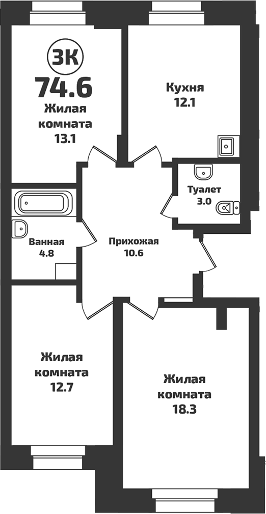Планировка — INFINITY, 3-комн., 75 м²