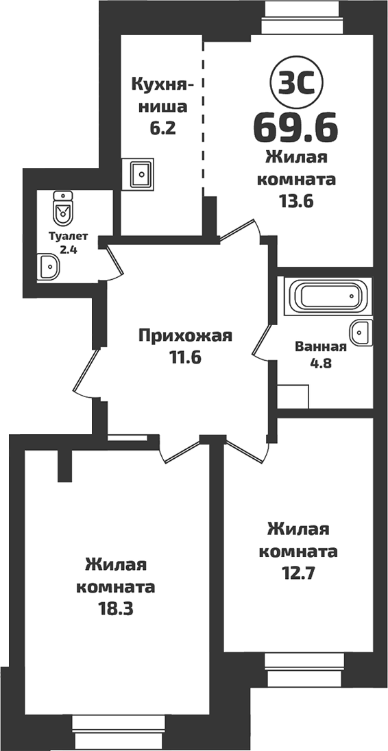 Планировка — INFINITY, 3-комн., 70 м²