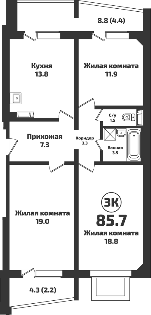 Планировка — Приозерный, 3-комн., 79 м²