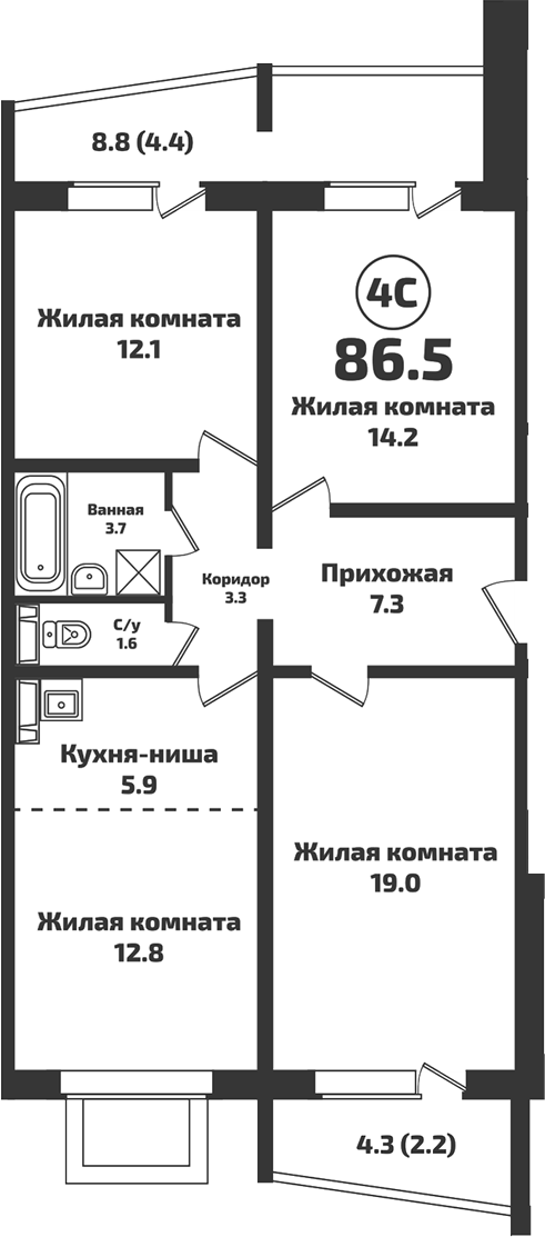 Планировка — Приозерный, 4-комн., 80 м²