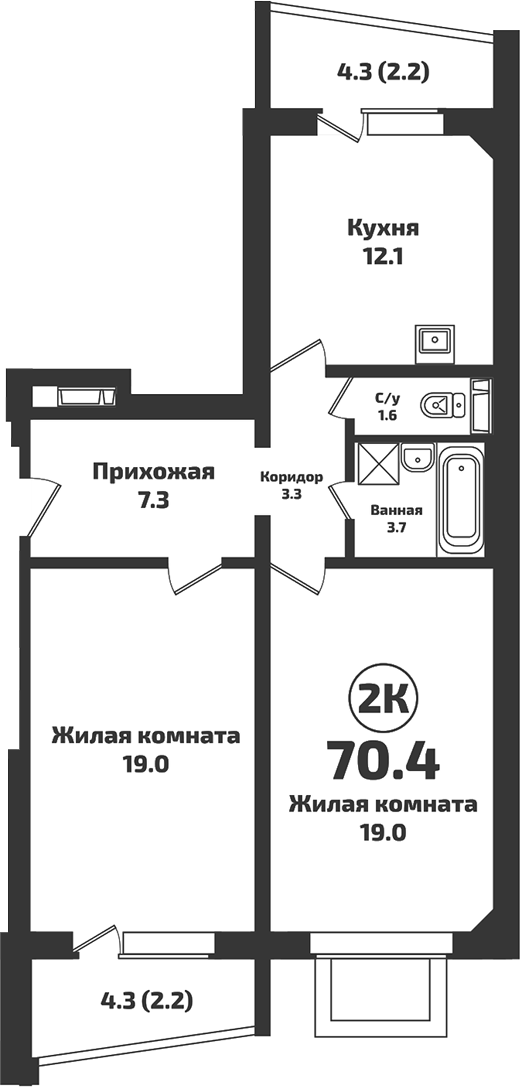 Планировка — Приозерный, 2-комн., 66 м²