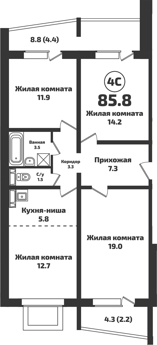 Планировка — Приозерный, 4-комн., 79 м²