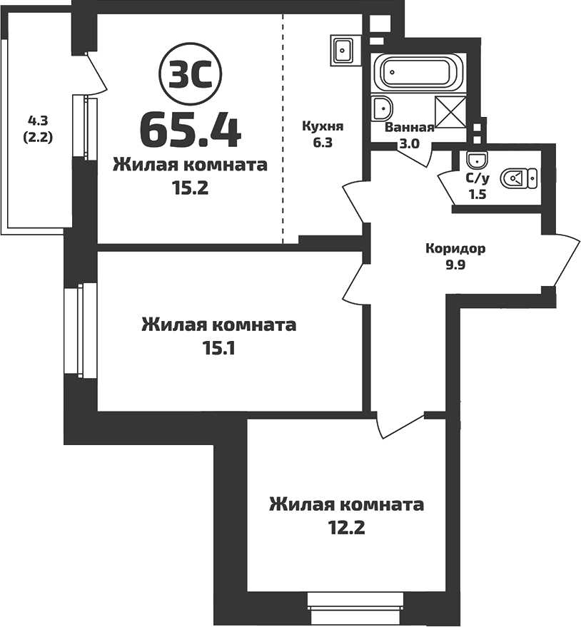 Планировка — Приозерный, 3-комн., 63 м²