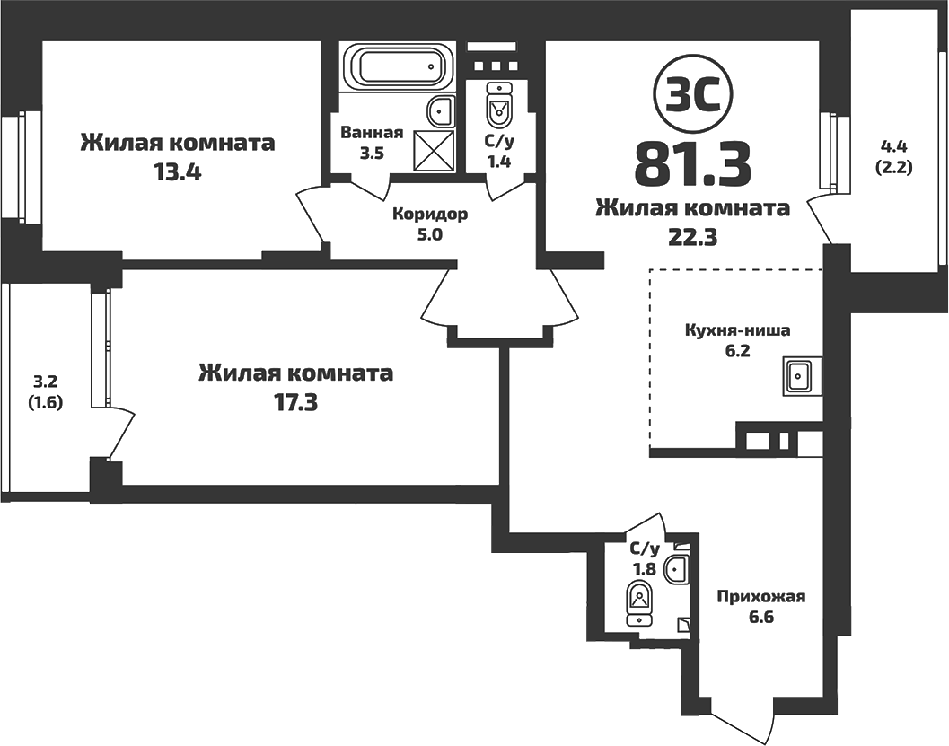 Планировка — Приозерный, 3-комн., 78 м²
