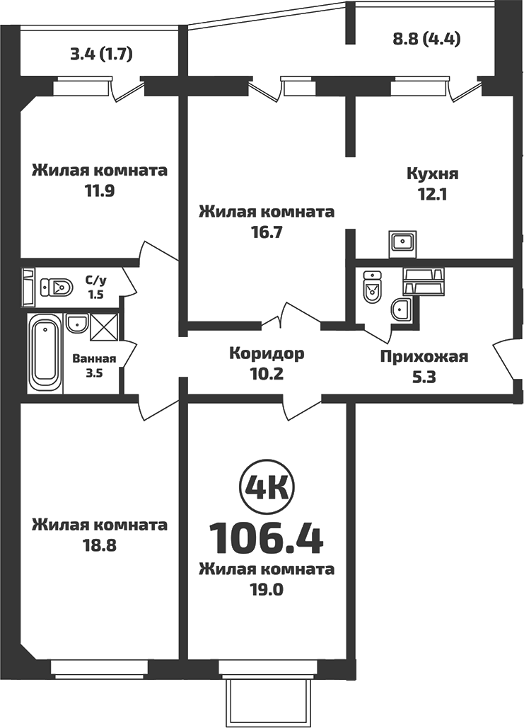 Планировка — Приозерный, 4-комн., 100 м²