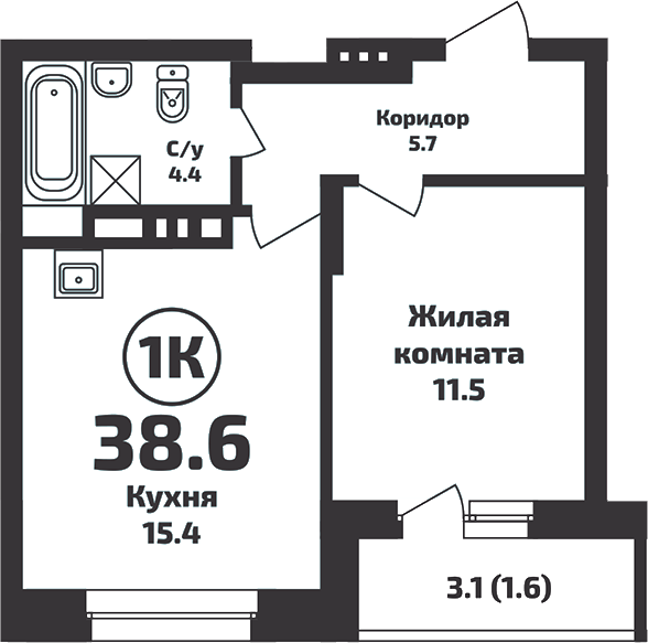 Планировка — Приозерный, 1-комн., 37 м²