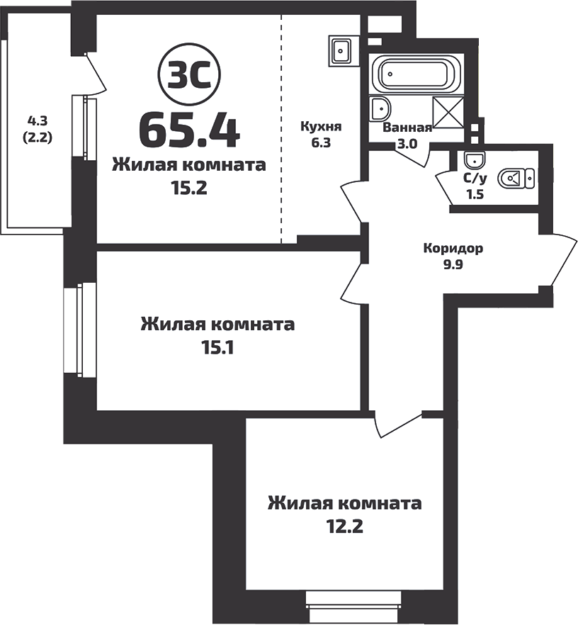 Планировка — Приозерный, 3-комн., 63 м²
