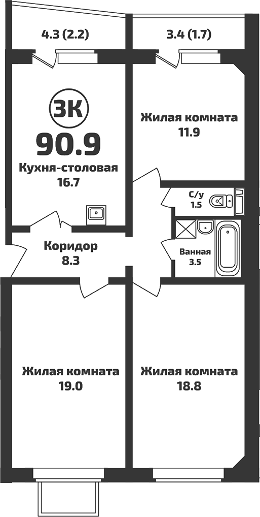Планировка — Приозерный, 3-комн., 87 м²