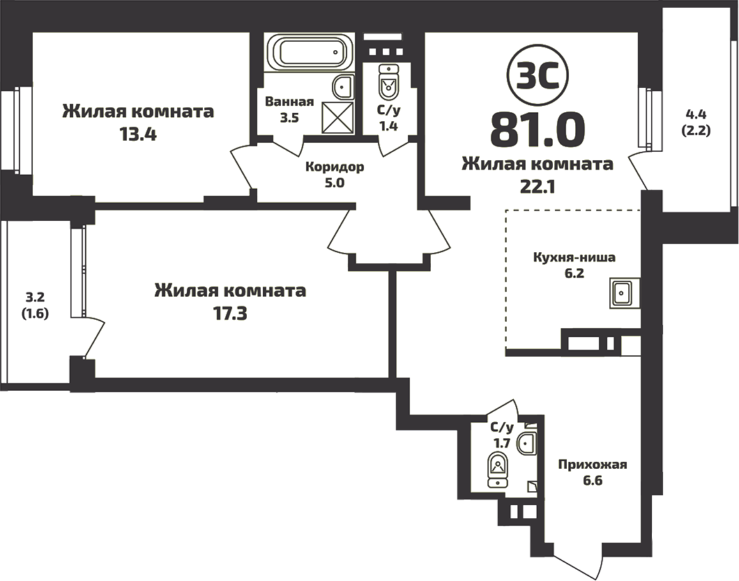 Планировка — Приозерный, 3-комн., 78 м²