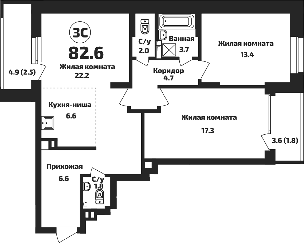 Планировка — Приозерный, 3-комн., 78 м²