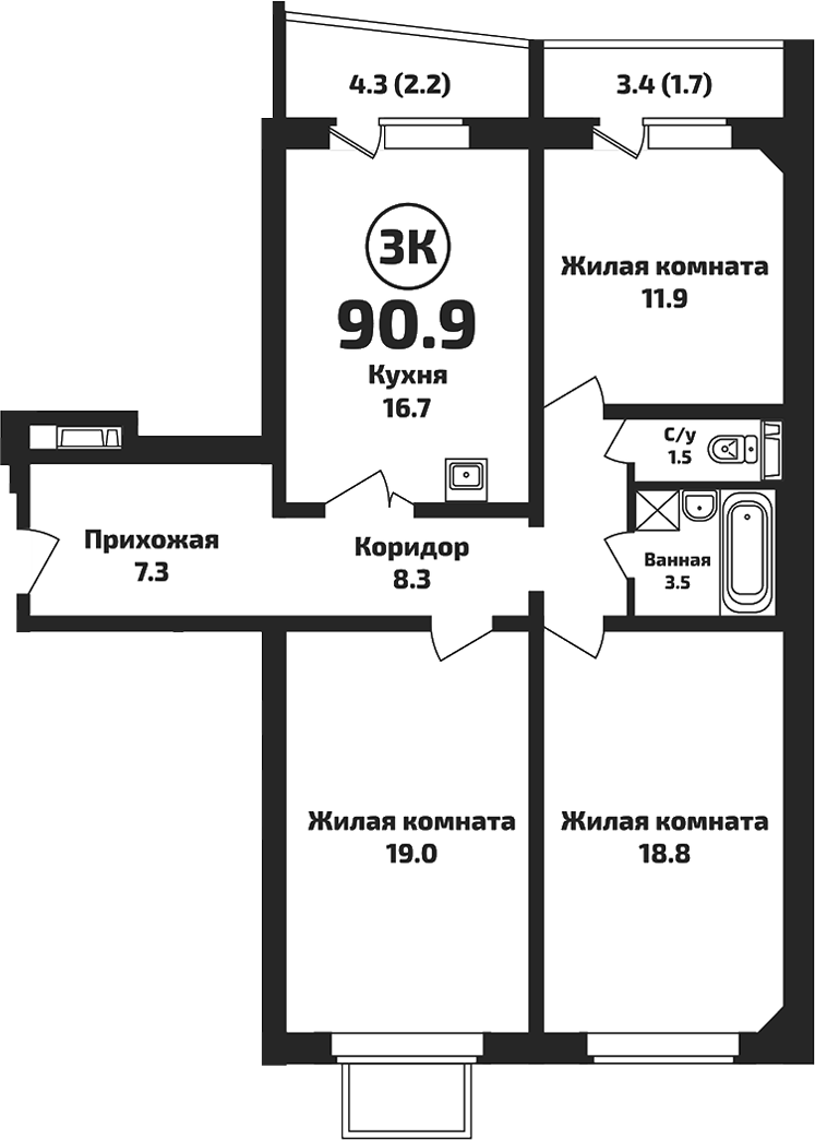 Планировка — Приозерный, 3-комн., 87 м²