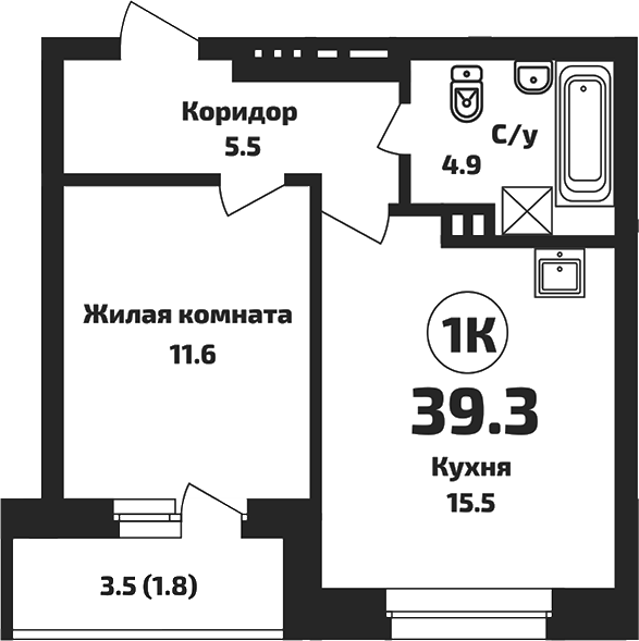 Планировка — Приозерный, 1-комн., 38 м²