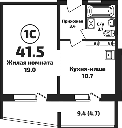 Планировка — Приозерный, Студия, 37 м²