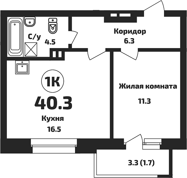 Планировка — Приозерный, 1-комн., 39 м²