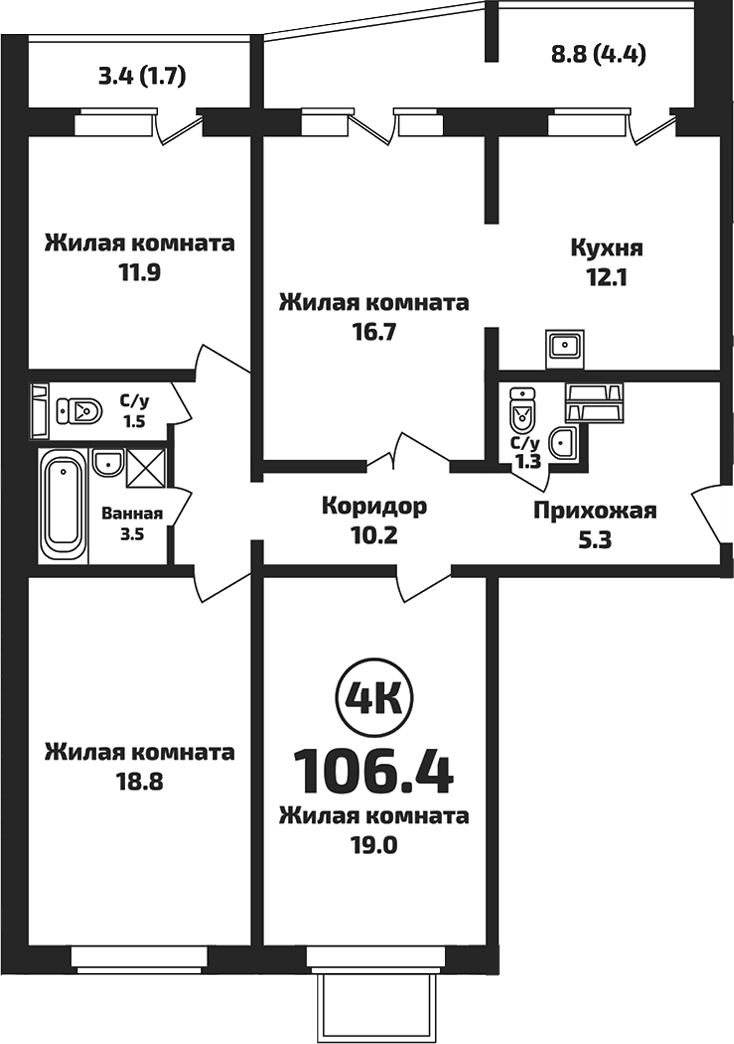 Планировка — Приозерный, 4-комн., 100 м²