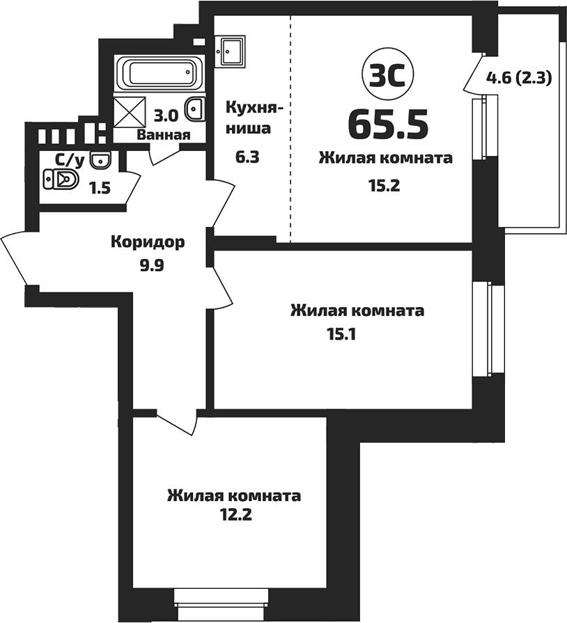Планировка — Приозерный, 3-комн., 63 м²