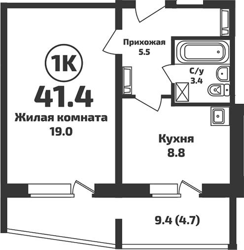 Планировка — Приозерный, 1-комн., 37 м²
