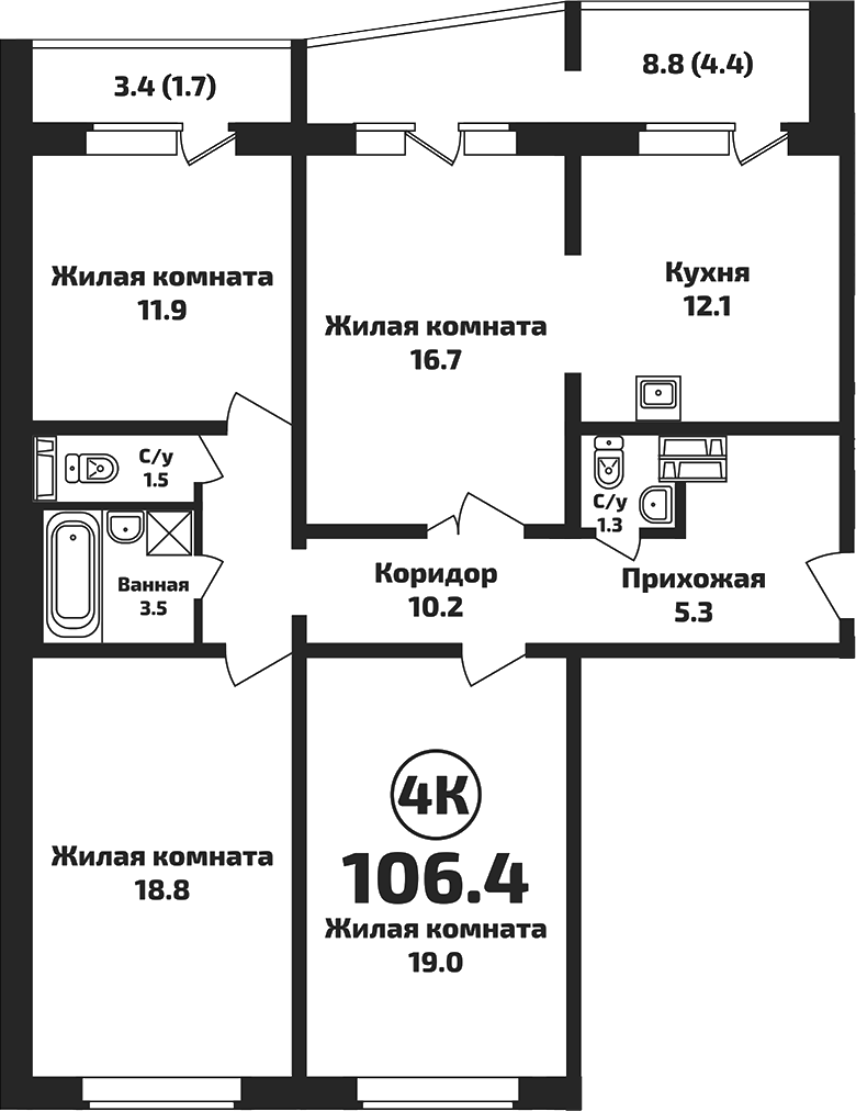 Планировка — Приозерный, 4-комн., 100 м²