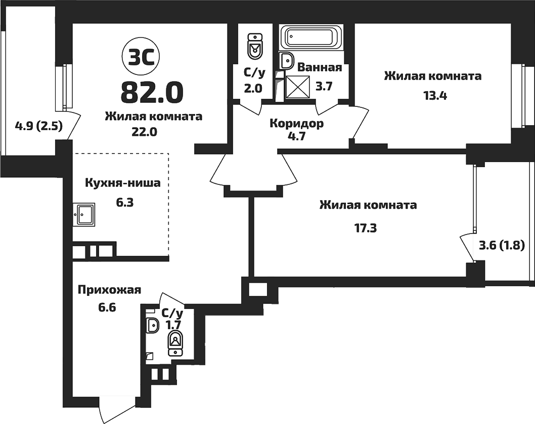 Планировка — Приозерный, 3-комн., 78 м²