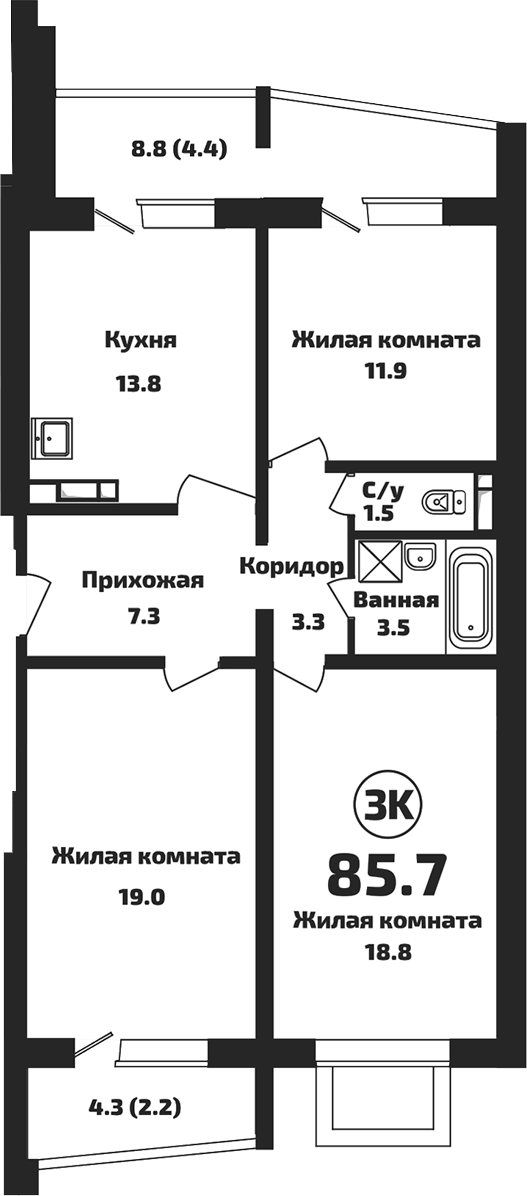 Планировка — Приозерный, 3-комн., 79 м²