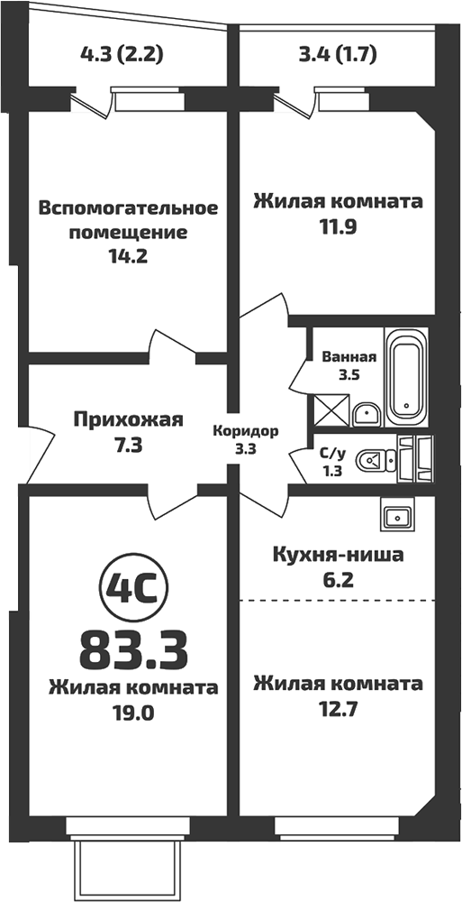 Планировка — Приозерный, 4-комн., 79 м²