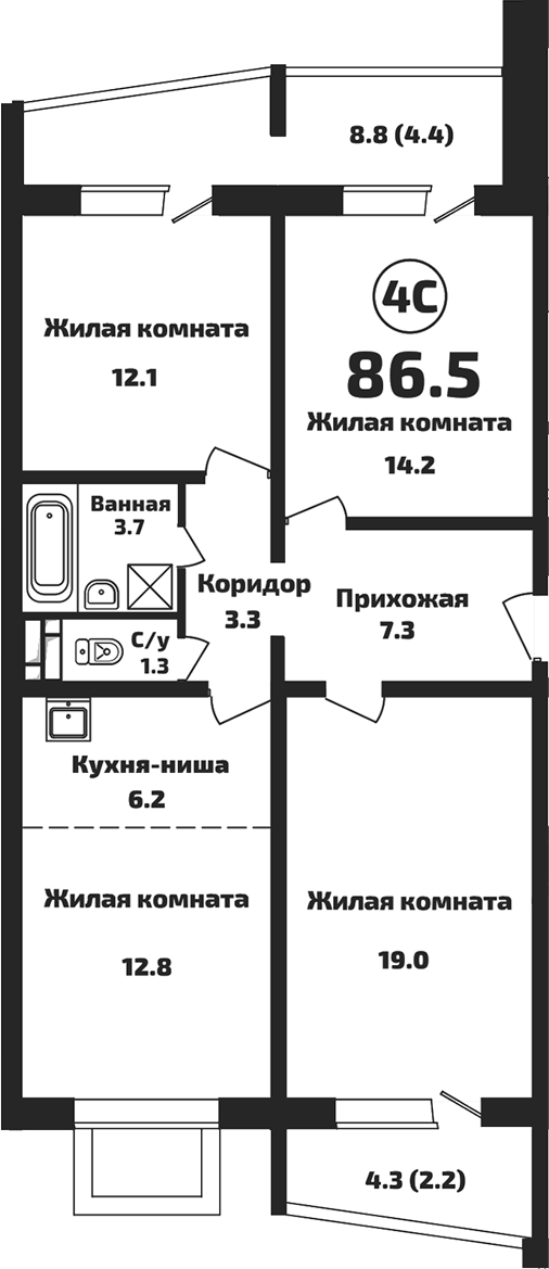 Планировка — Приозерный, 4-комн., 80 м²