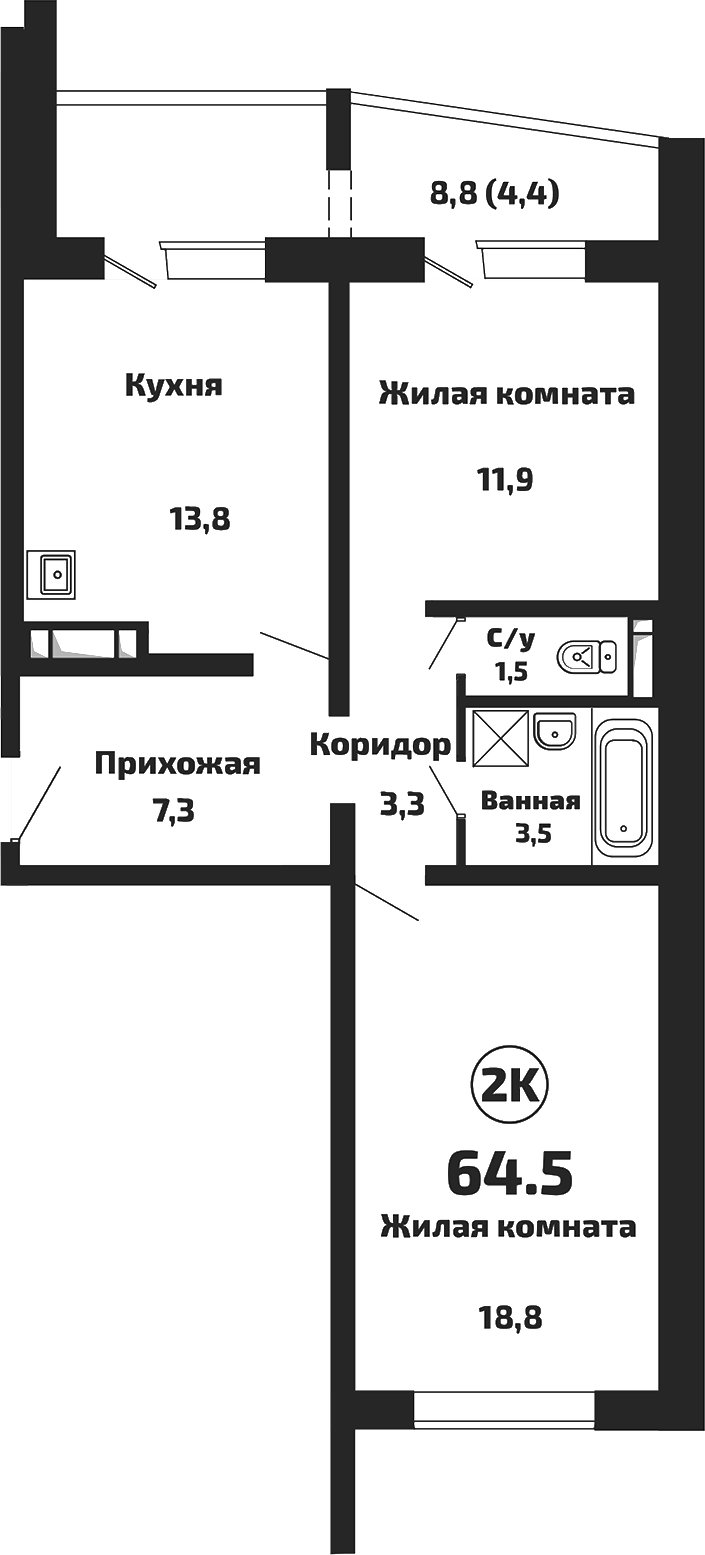 Планировка — Приозерный, 2-комн., 60 м²