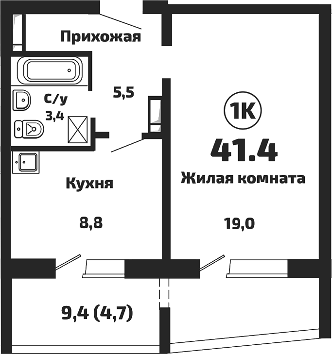 Планировка — Приозерный, 1-комн., 37 м²