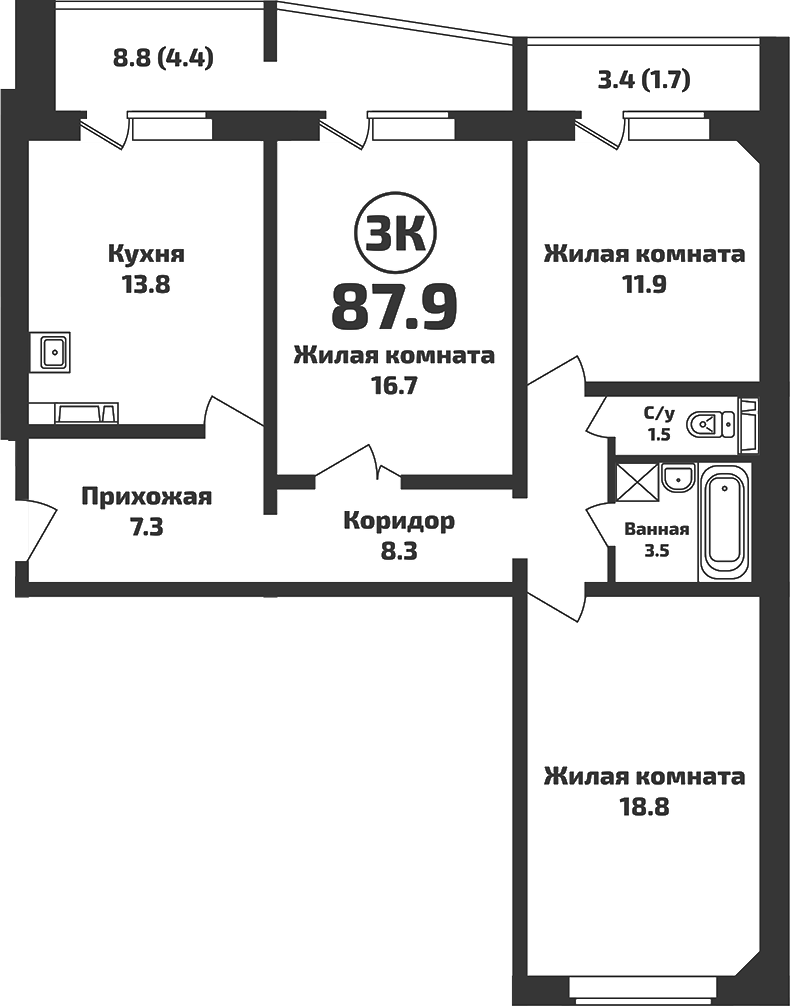 Планировка — Приозерный, 3-комн., 82 м²