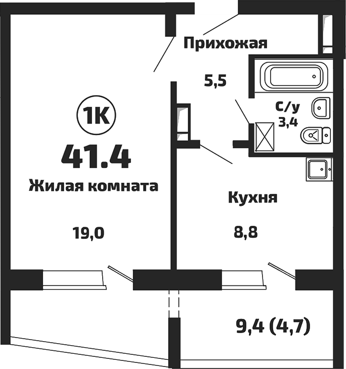 Планировка — Приозерный, 1-комн., 37 м²