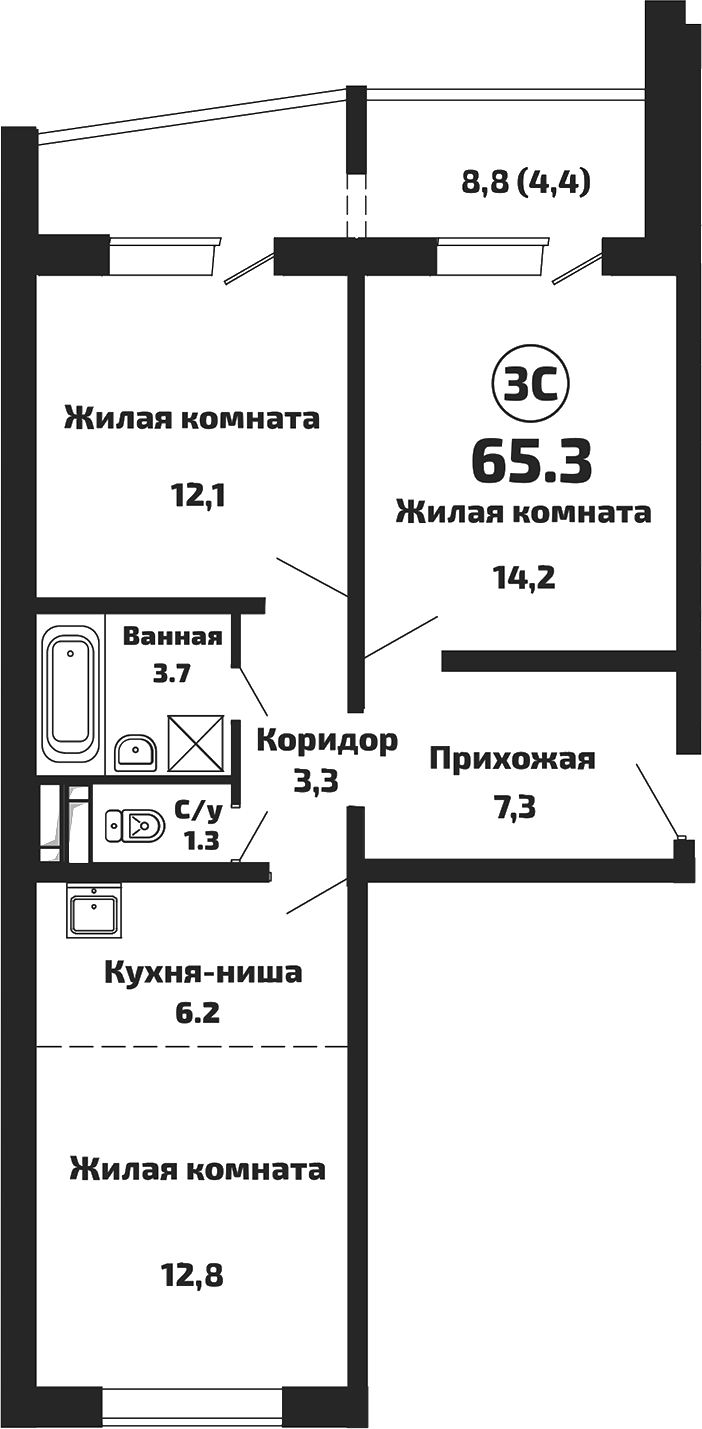 Планировка — Приозерный, 3-комн., 61 м²