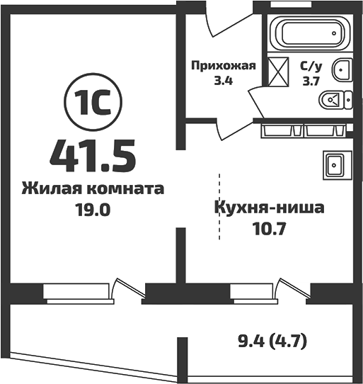 Планировка — Приозерный, Студия, 37 м²