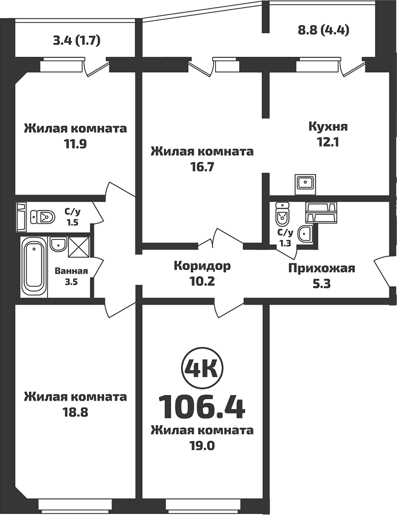 Планировка — Приозерный, 4-комн., 100 м²