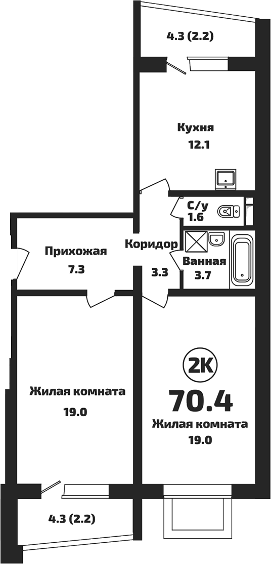 Планировка — Приозерный, 2-комн., 66 м²