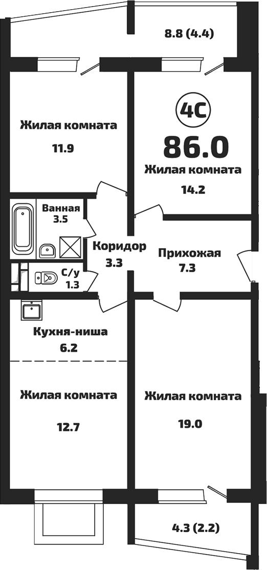Планировка — Приозерный, 4-комн., 79 м²