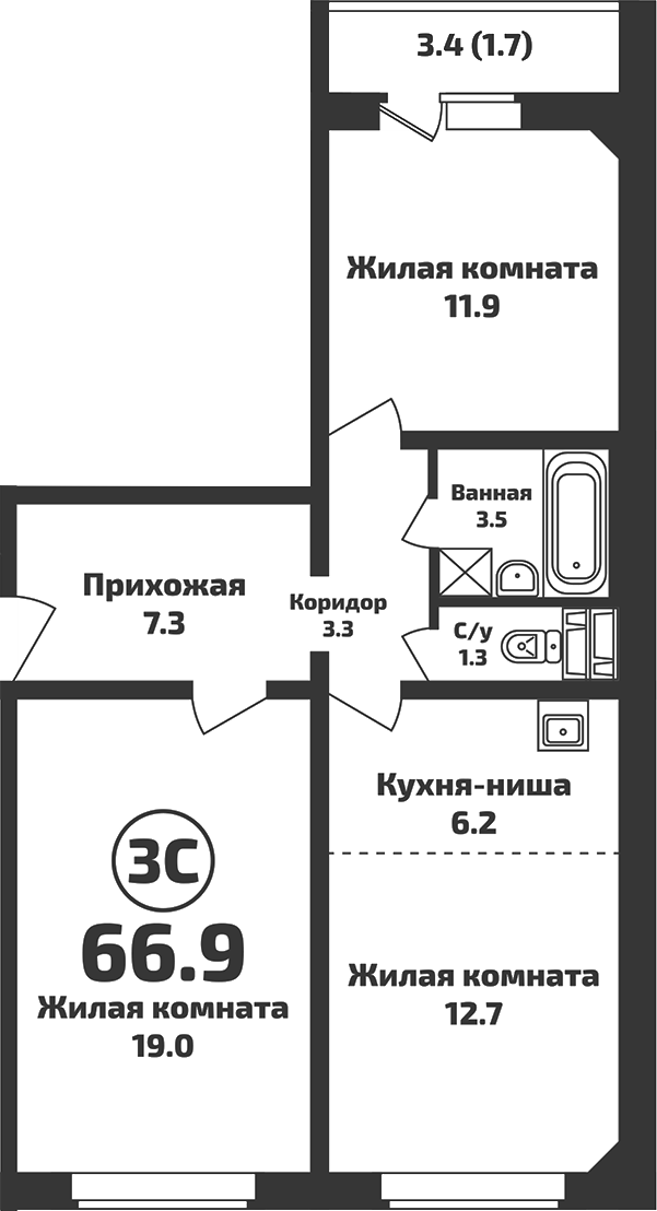 Планировка — Приозерный, 3-комн., 65 м²