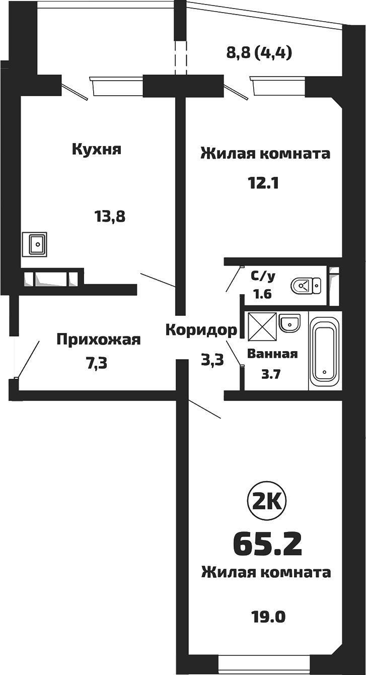 Планировка — Приозерный, 2-комн., 61 м²