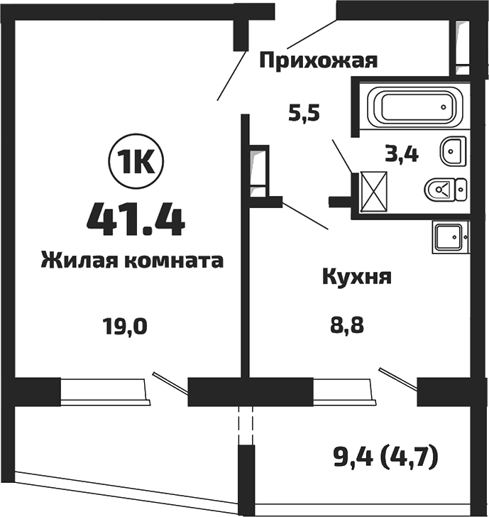 Планировка — Приозерный, 1-комн., 37 м²