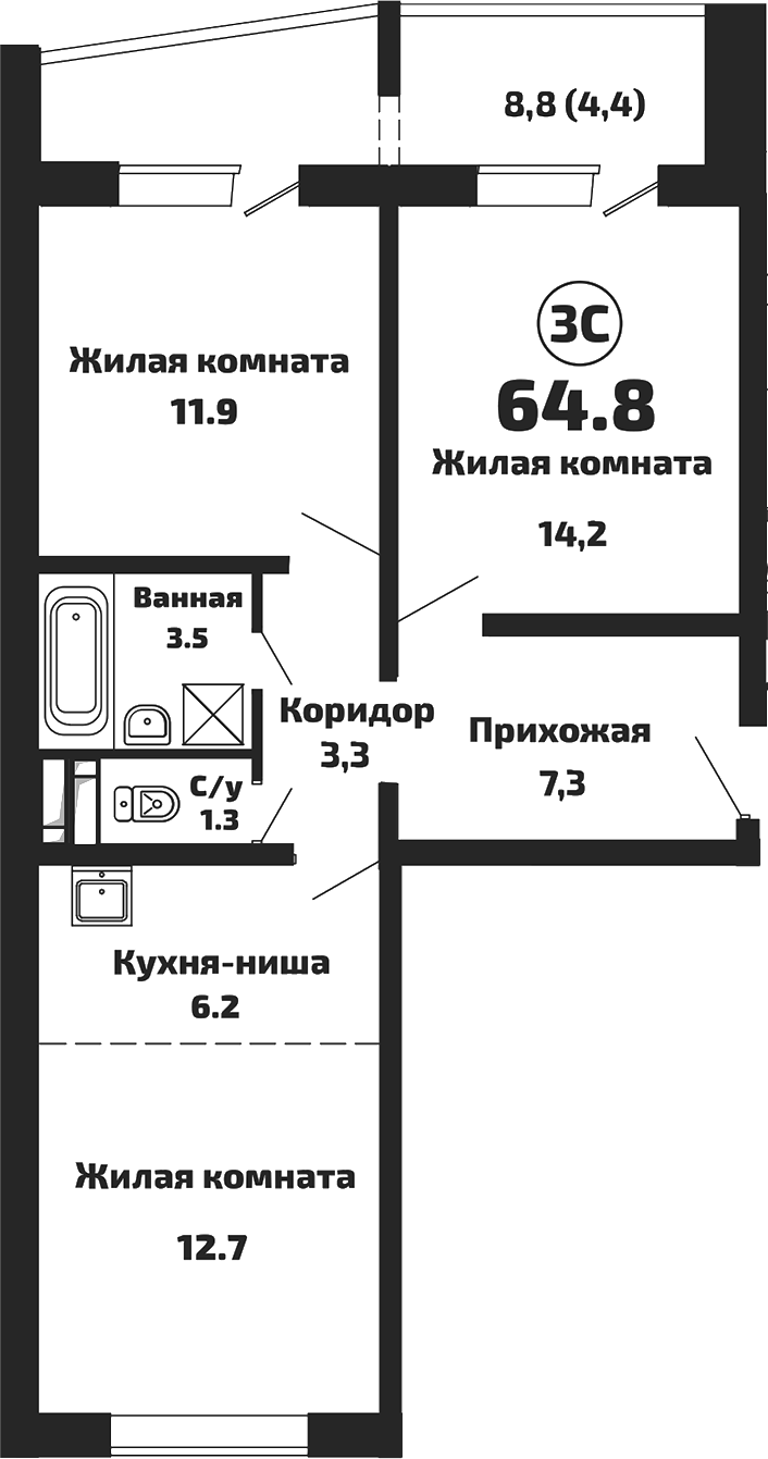 Планировка — Приозерный, 3-комн., 60 м²