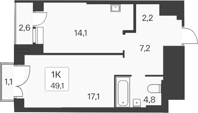 Планировка — Расцветай на Красном, 1-комн., 45 м²