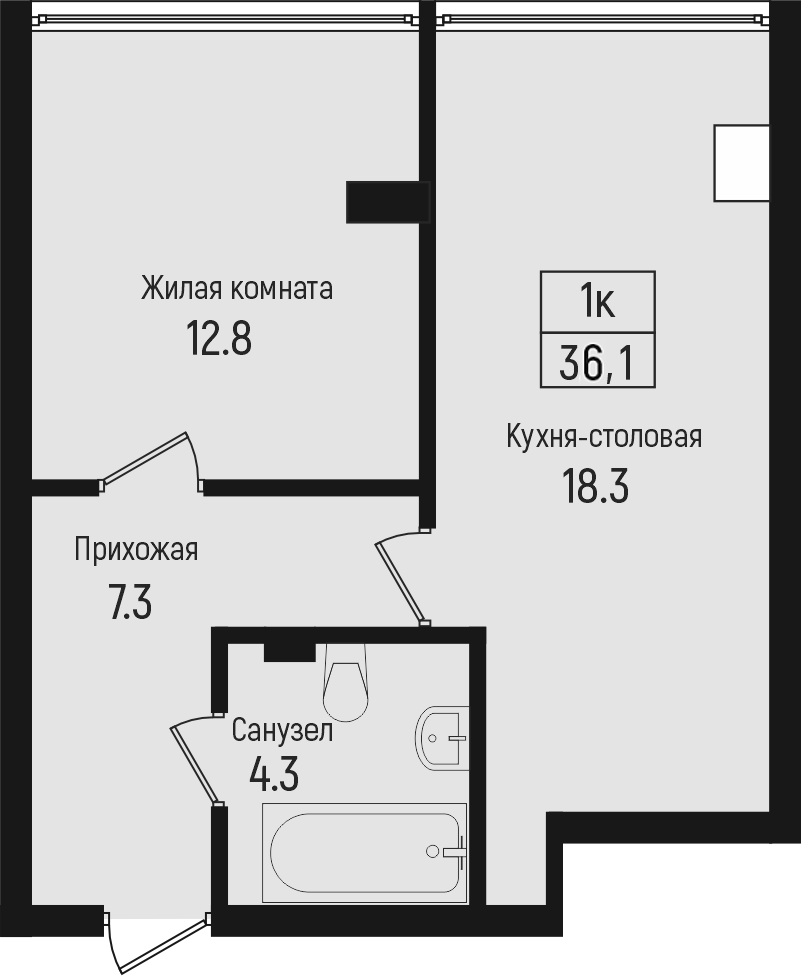 Планировка — Центральный, 1-комн., 36 м²