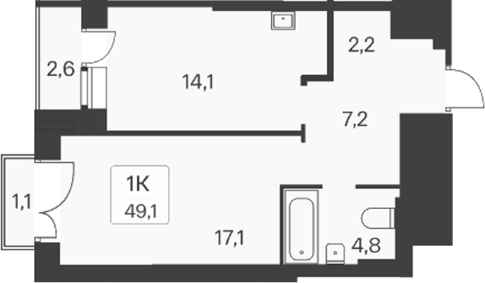 Планировка — Расцветай на Красном, 1-комн., 45 м²