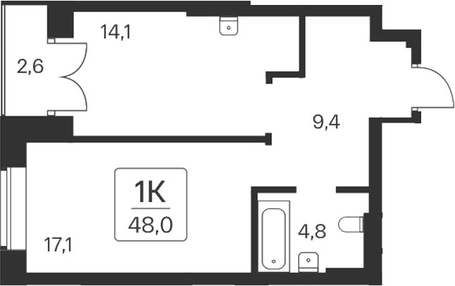 Планировка — Расцветай на Красном, 2-комн., 44 м²