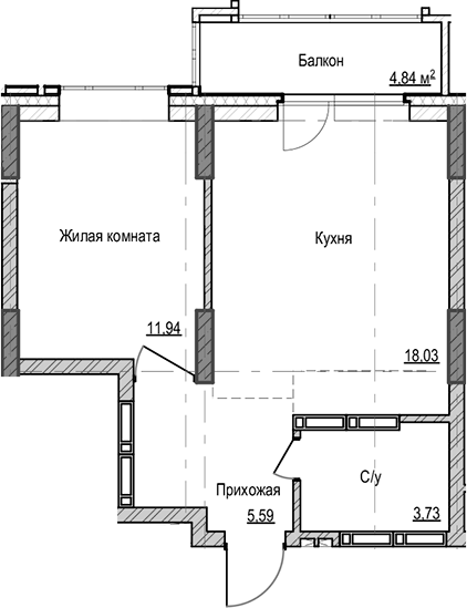 Планировка — Чацкий, 1-комн., 39 м²