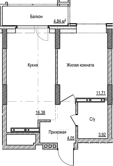Планировка — Чацкий, 1-комн., 36 м²
